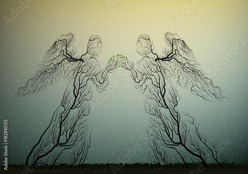 tree silhouettes looks like an angels, people like plant,