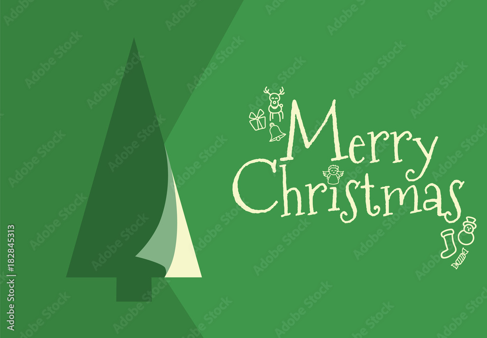 Obraz premium GREEN CHRISTMAS GREETING CARD WITH TREE AND MERRY CHRISTMAS TEXT