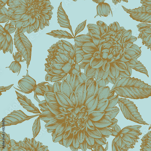 Vector floral seamless pattern with hand drawn dahlias