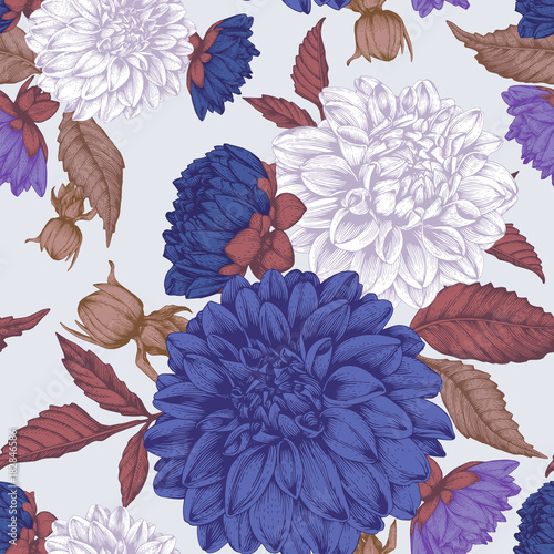 Fényképezés Vector floral seamless pattern with hand drawn dahlias