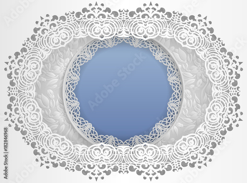 Round white frame in an oval frame with lace edges and a floral background inside. Template for wedding and other congratulations. In the middle there is space for text, pictures, photos. Vector i