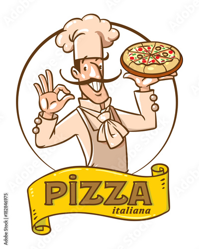 Funny italian chef with pizza. Emblem design