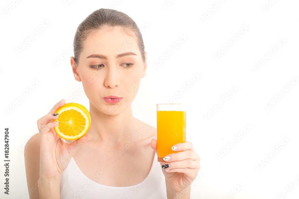 Portrait of smiling Beautiful woman with prange juice. isolated on white background. Woman Healthy Concept. Portrait of smiling Beautiful woman with prange juice. isolated on white background. Woman Healthy Concept.
