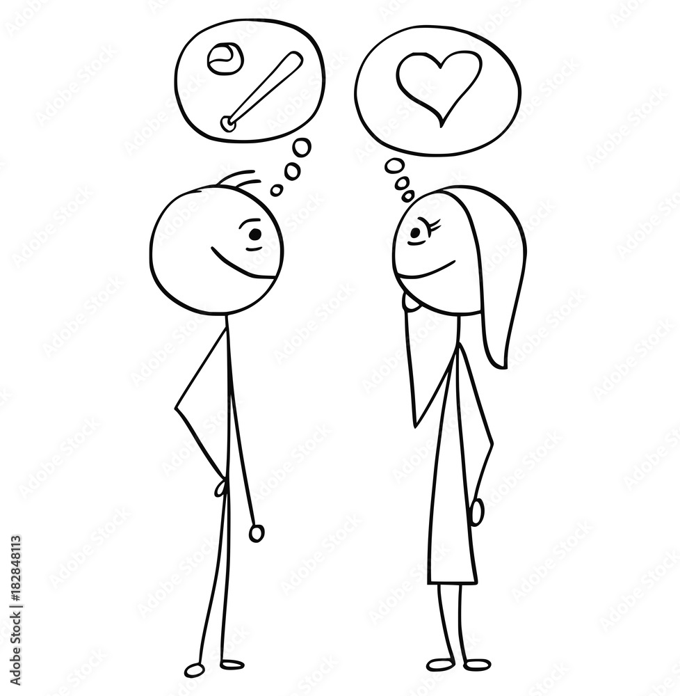 Vector Cartoon of Man and Woman Talking about Baseball and Love