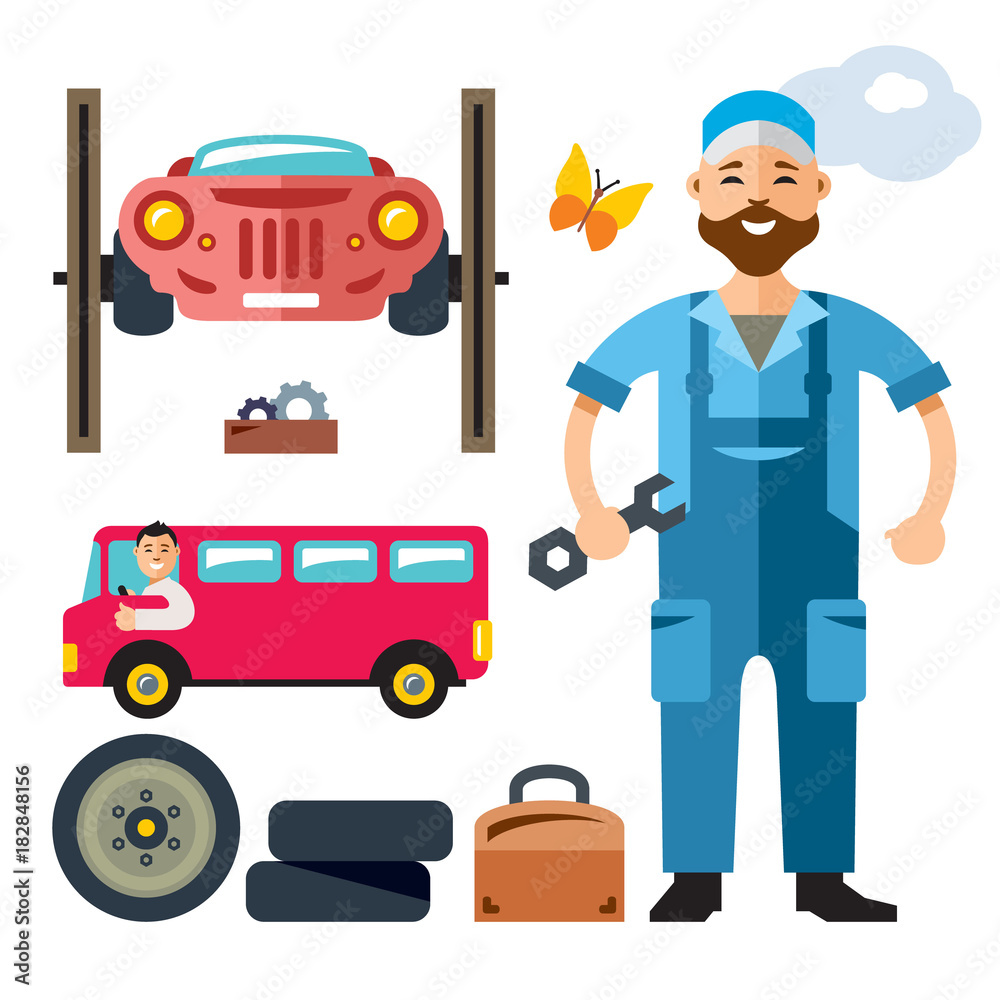 Vector Car Mechanic. Flat style colorful Cartoon illustration