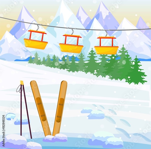 Ski winter background Vector. Snow, Mountains, funicular