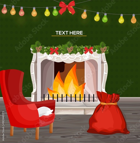 Winter fireplace chimney and Christmas presents Vector cartoon style