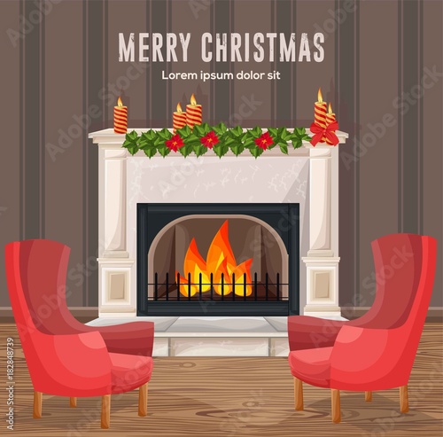 Merry Christmas card Winter fireplace chimney Vector cartoon style