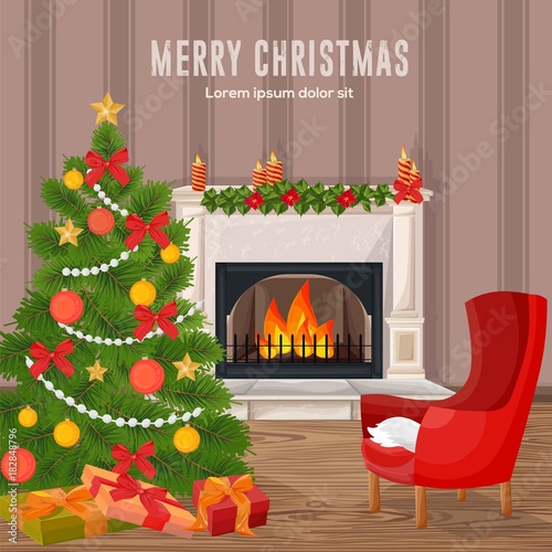 Happy Holidays card Winter fireplace chimney and Christmas tree Vectors