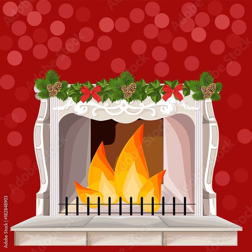 Classic fireplace chimney. Christmas Holidays card. Vector cartoon styles