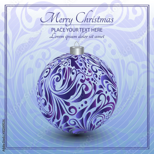 Christmas card. Purple Christmas toy with the ornament. Ornamented background.