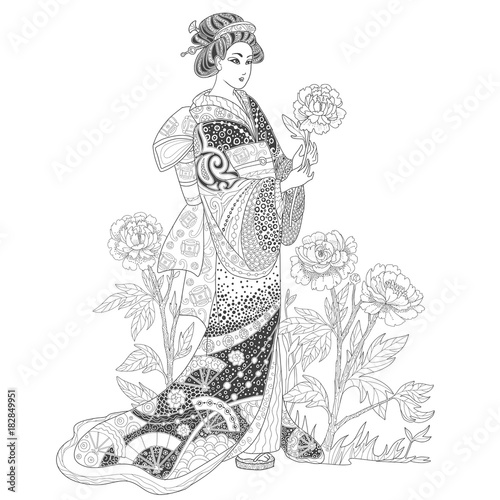 Japanese geisha woman in a kimono with peony flowers. Page for coloring book.