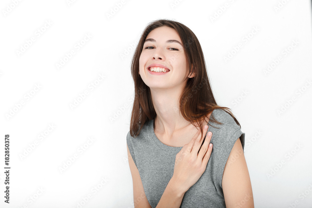 Excited happy looking woman. Closeup of happy mixed race asian caucasian female model isolated on white background. Excited happy looking woman. Closeup of happy mixed race asian caucasian female model isolated on white background.