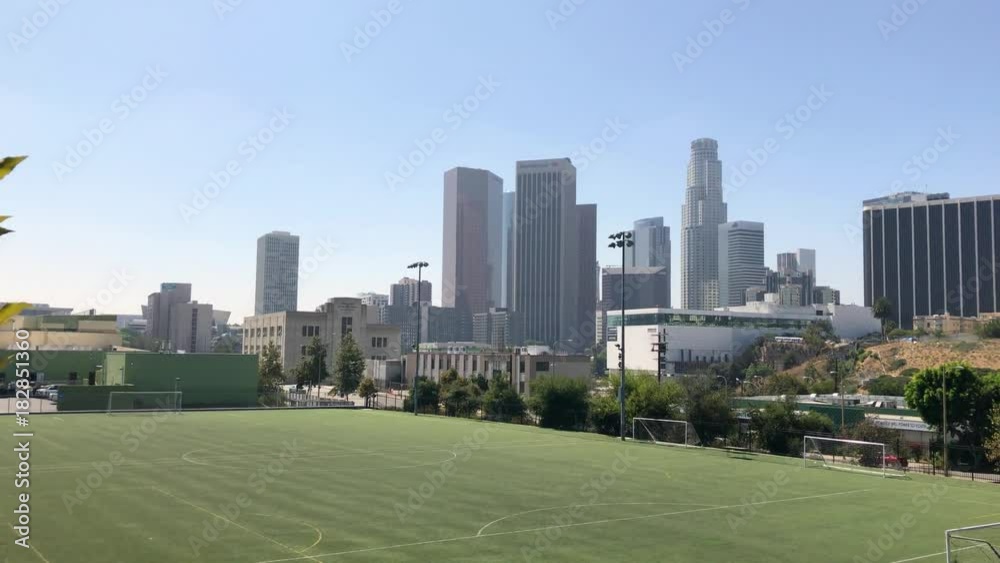 Los Angeles downtown skyline from a city park Los Angeles downtown skyline from a city park