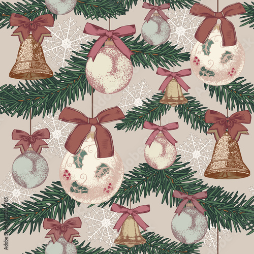 Vector Christmas seamless pattern with hand drawn fir tree, bells and Christmas decorations in vintage style.