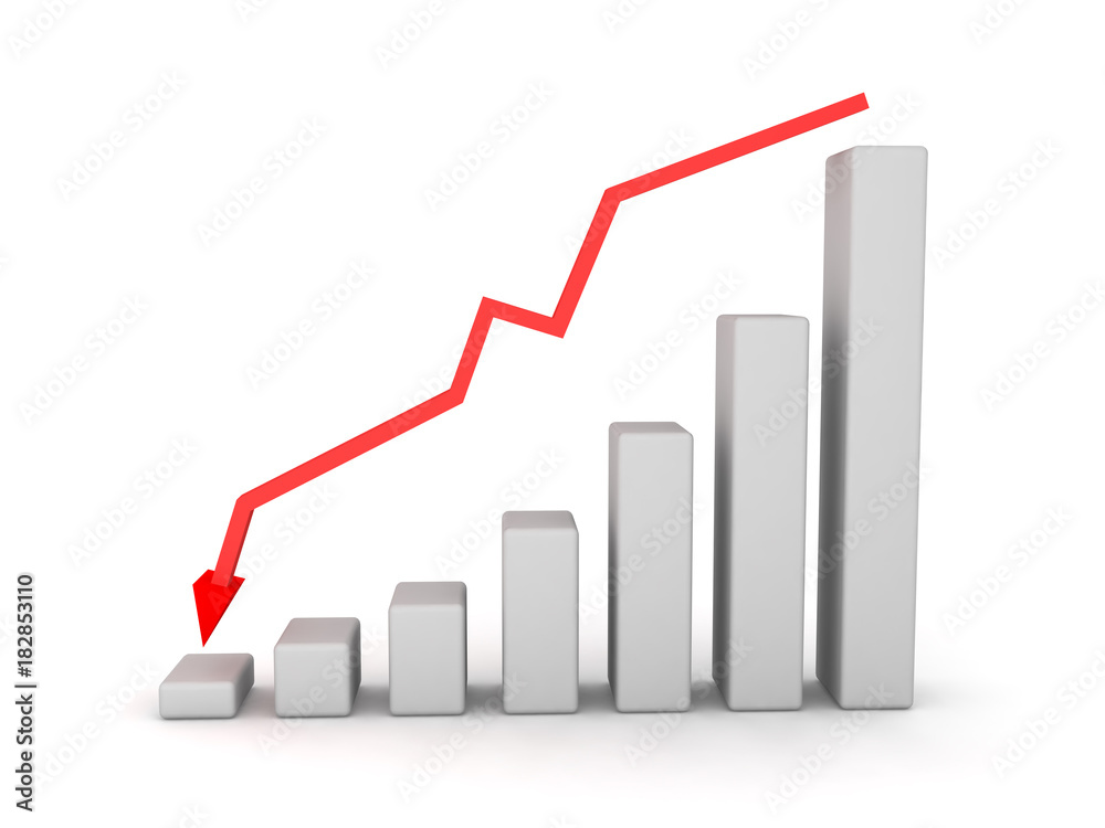 3D financial graph chart showing decline with downward red arrow above 3D financial graph chart showing decline with downward red arrow above