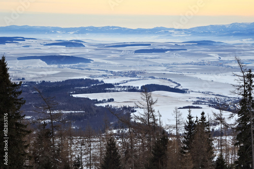 View of a blue plateau from a ski and hiking Hrebienok resort (altitude 1285 m.) located in the High Tatras mountains National park. Slovakia.