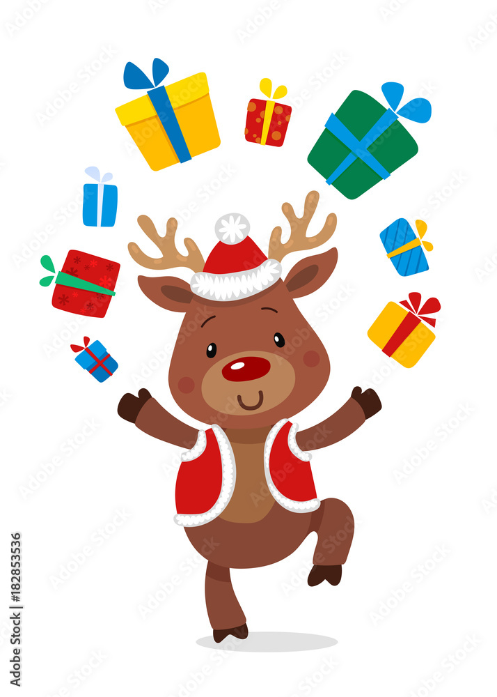 Santas Reindeer Rudolph and Gifts. Vector illustrations of Reindeer Rudolf Isolated on White Background