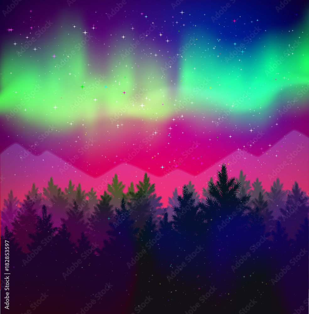 landscape with northern lights and spruce forest