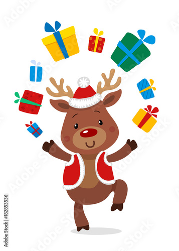 Santas Reindeer Rudolph and Gifts. Vector illustrations of Reindeer Rudolf Isolated on White Background © Olga Lots