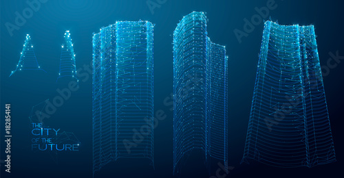 3d polygonal City, future, futuristic concept, metropolis for Vr glasses, virtual reality abstract city, tech background, Vector illustration.