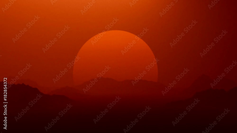 Red planet, Mars sunset landscape with big sun on the horizon.
