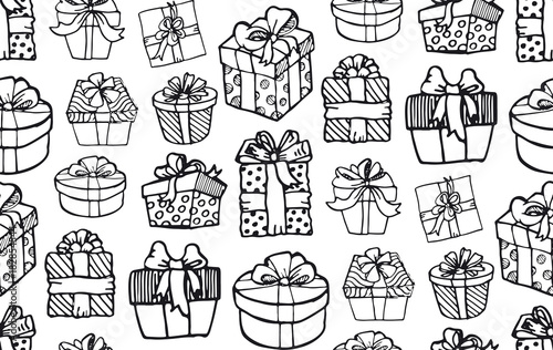 Hand drawn doodle present box and gift. Pattern with present