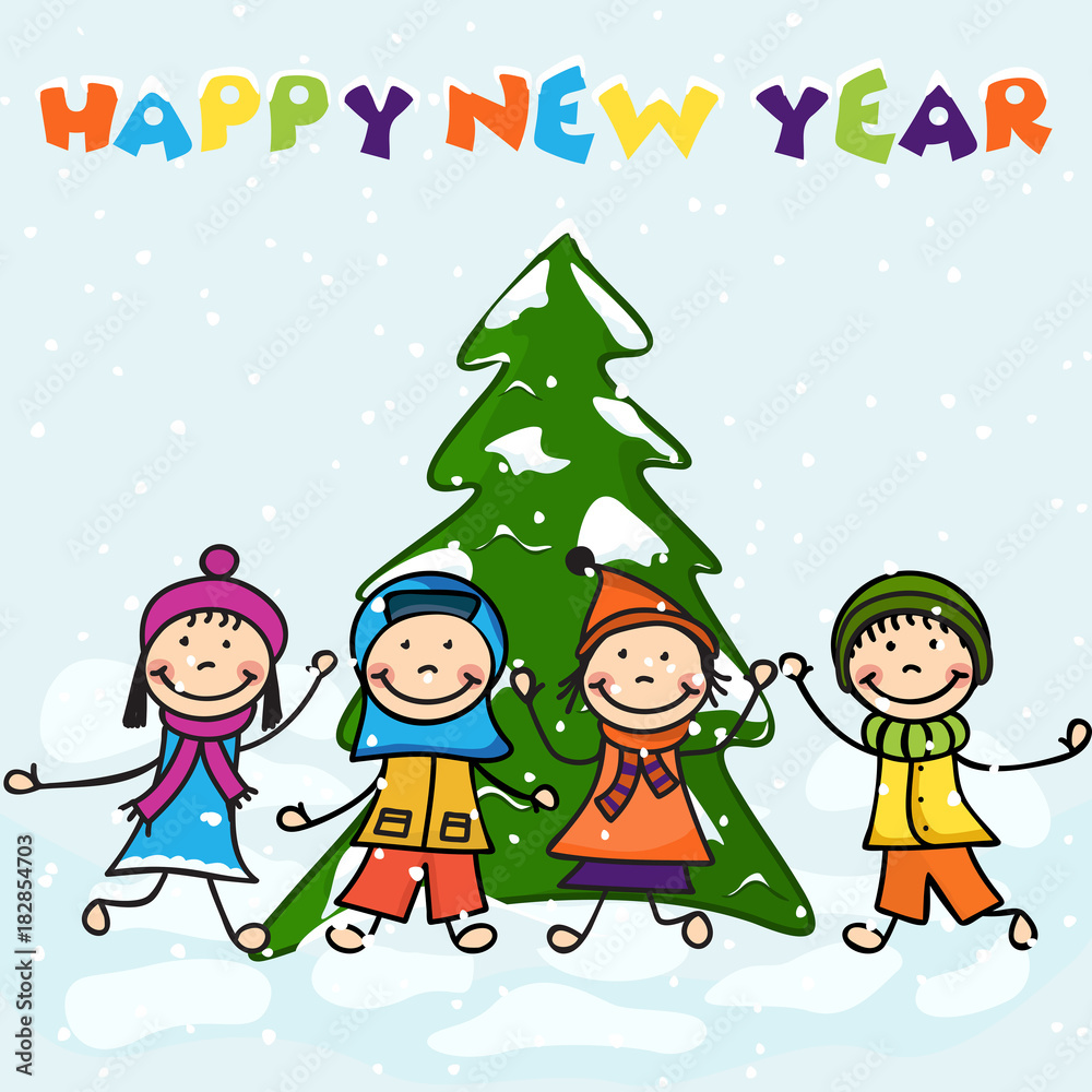 Colorful card for New Year with happy kids.