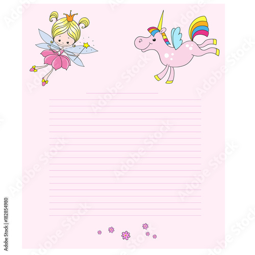 Fairy and unicorn cartoon characters. Cute characters on a pink background. Greeting card with place for congratulations.