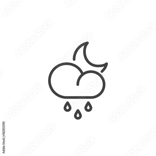 Rainy cloud and crescent line icon  outline vector sign  linear style pictogram isolated on white. Night rain weather symbol  logo illustration. Editable stroke