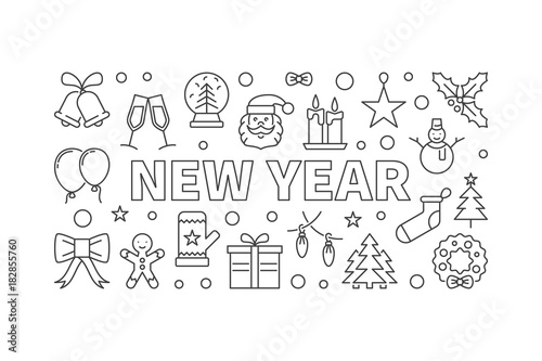 New Year vector illustration in line style on white background photo