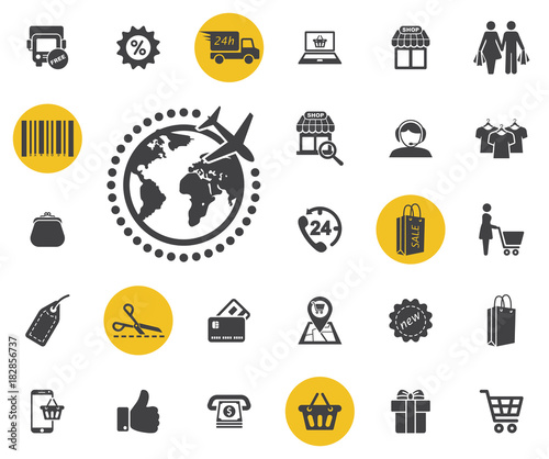 The Globe and plane travel icon. Shipping symbol. worldwide vector. Simple shopping icons set. Universal shopping icon to use for web and mobile UI, set of basic UI shopping elements.
