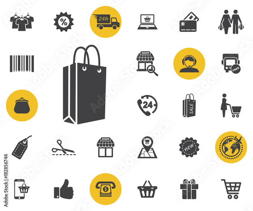Shopping paper Bag vector icon. Shipping symbol. worldwide vector. Simple shopping icons set. Universal shopping icon to use for web and mobile UI, set of basic UI shopping elements.