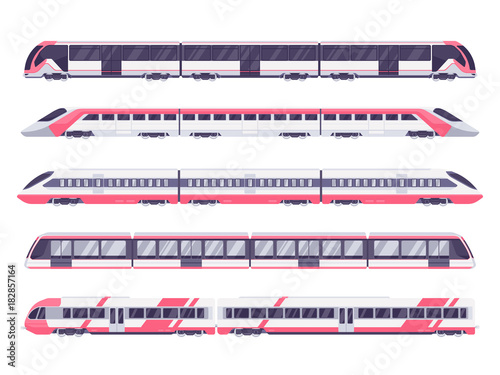 Set of passenger train. Subway transport underground train. Metro train vector illustration