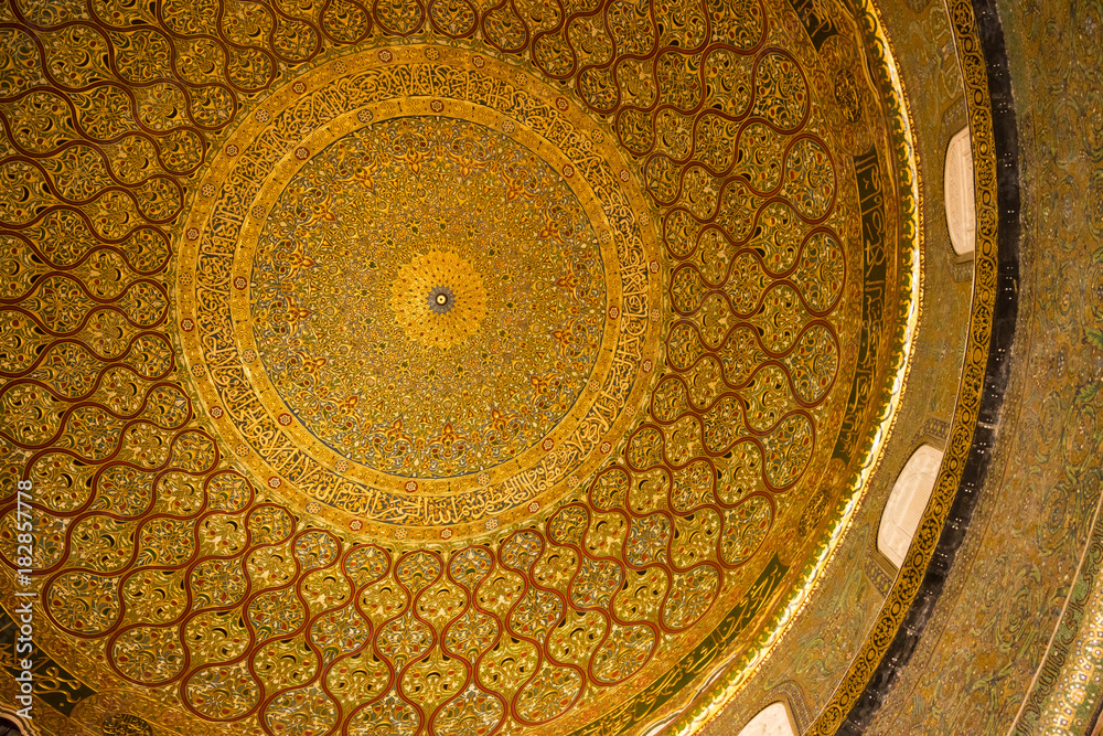 BAITULMUQADDIS, PALESTINE - 11TH NOV 2017; Internal view of Dome of the Rock Islamic Mosque Temple Mount, Jerusalem, where Prophet Mohamed ascended to heaven on an angel in his 