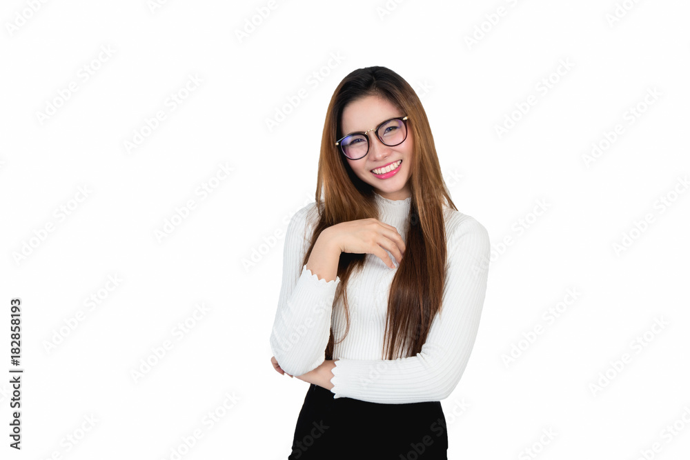 Smiling young business woman portrait in white long sleeve on white background Smiling young business woman portrait in white long sleeve on white background
