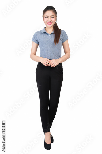Smiling young woman in gray polo shirt on a white background