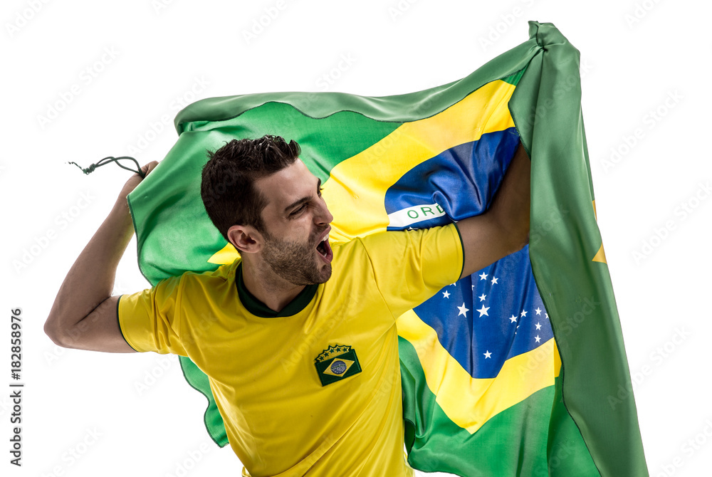 Naklejka premium Brazilian fan celebrating on white background