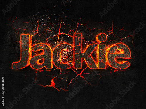 Jackie Fire text flame burning hot lava explosion background. photo