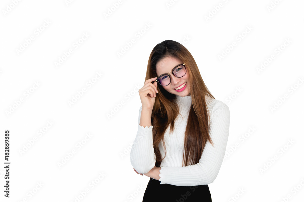 Smiling young business woman portrait in white long sleeve on white background