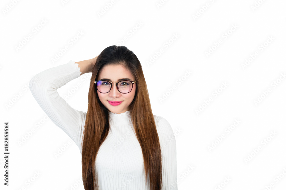 Smiling young business woman portrait in white long sleeve on white background Smiling young business woman portrait in white long sleeve on white background