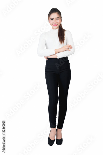 Smiling young business woman portrait in long sleeve and long trousers on white background