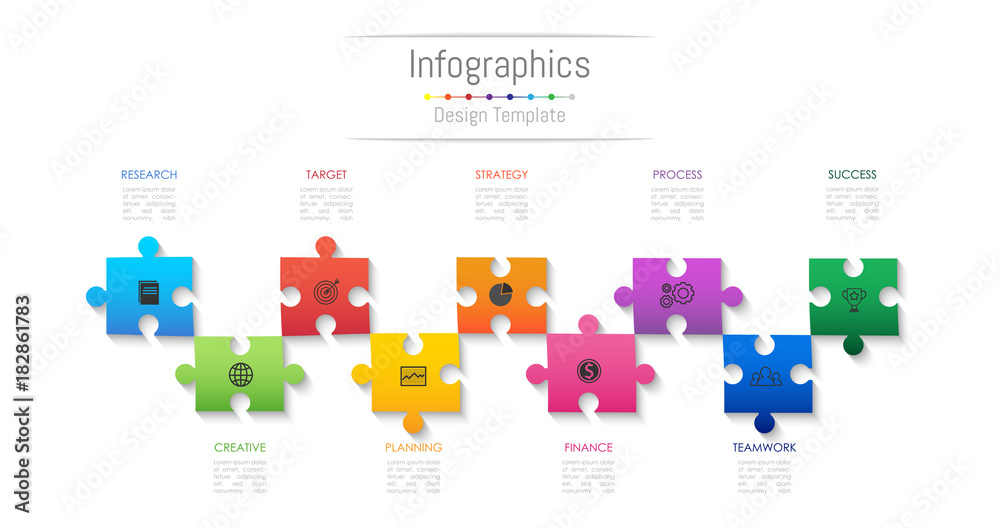 Infographic design elements for your business data with 9 options, parts, steps, timelines or processes. Jigsaw puzzle concept, Vector Illustration.
