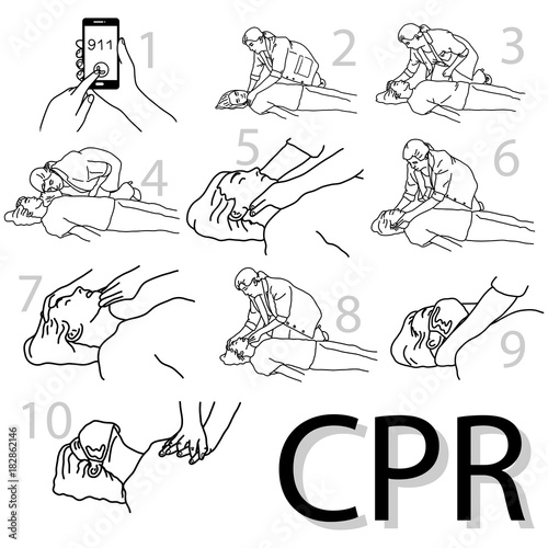 Emergency first aid cpr procedure vector illustration sketch hand drawn with black lines isolated on white background