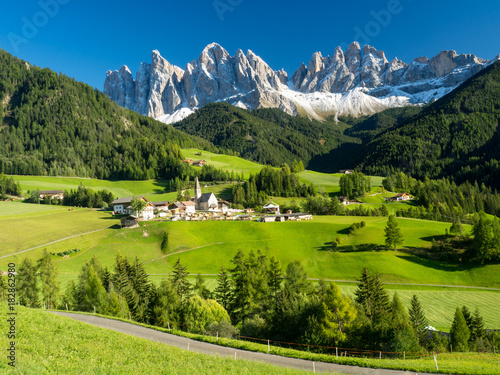 Santa Maddalena village in front of the Odle Dolomites Group, Italy, Europe. Autumn, 2017