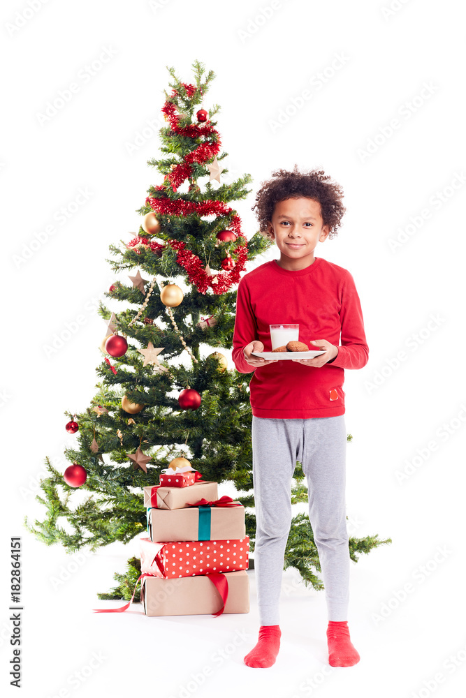 Portrait of cute mixed race little boy standing near Christmas tree with plate of cookies and glass of milk Portrait of cute mixed race little boy standing near Christmas tree with plate of cookies and glass of milk