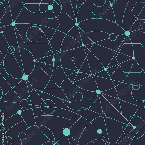 Grid seamless pattern with random geometric shapes and lines