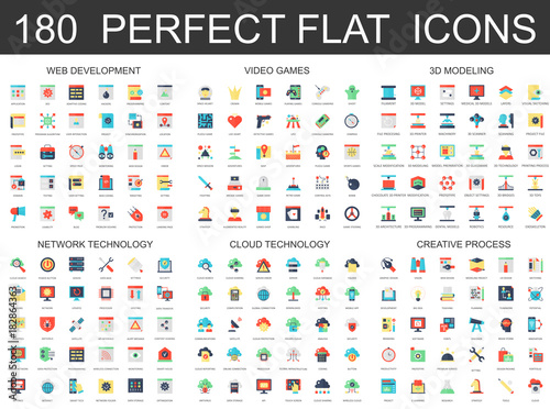 180 modern flat icons set of web development, video games, 3d modeling, network cloud technology, creative process icons.