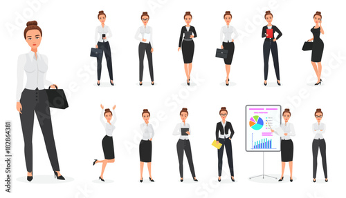 Vector Set of business woman character. Office female.