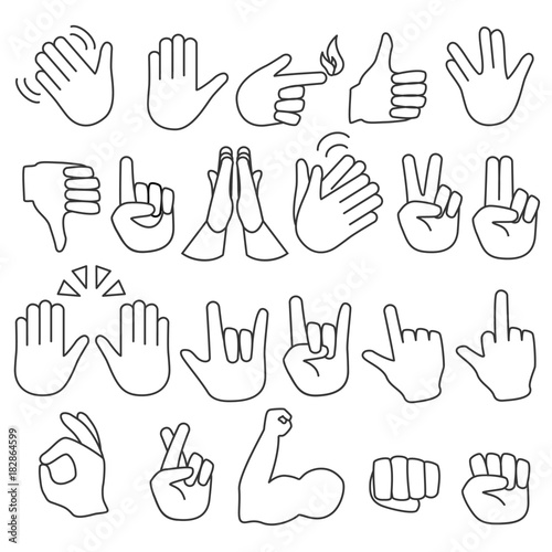 Hand gestures outline line stroke icons set.